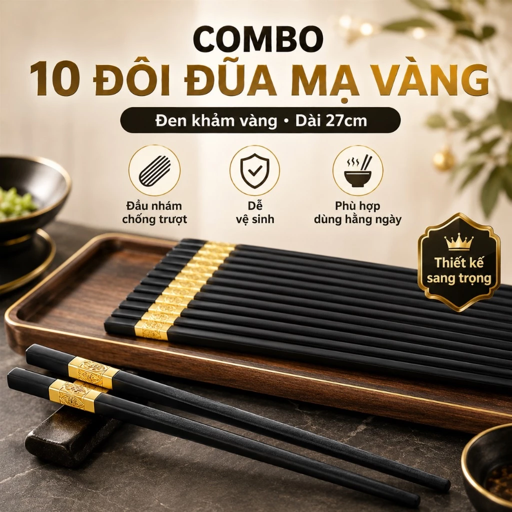 Bộ 10 Đôi Đũa Kháng Khuẩn Mạ Vàng Đũa Nhựa Ăn Cơm Phong Cách Hàn Quốc Nhựa Đen Chống Trơn Chống Mốc Chịu Nhiệt