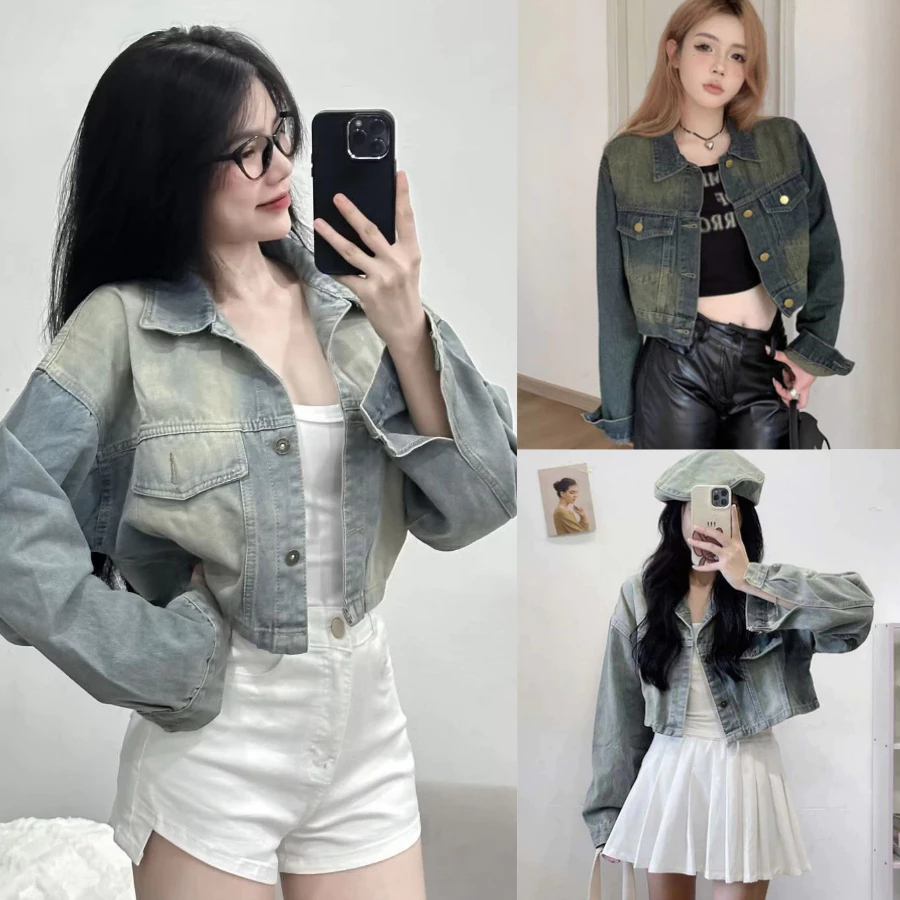 Áo khoác bò ngắn, áo khoác jeans croptop dáng ngắn thời trang, chất liệu dày dặn form ulzang tôn dáng