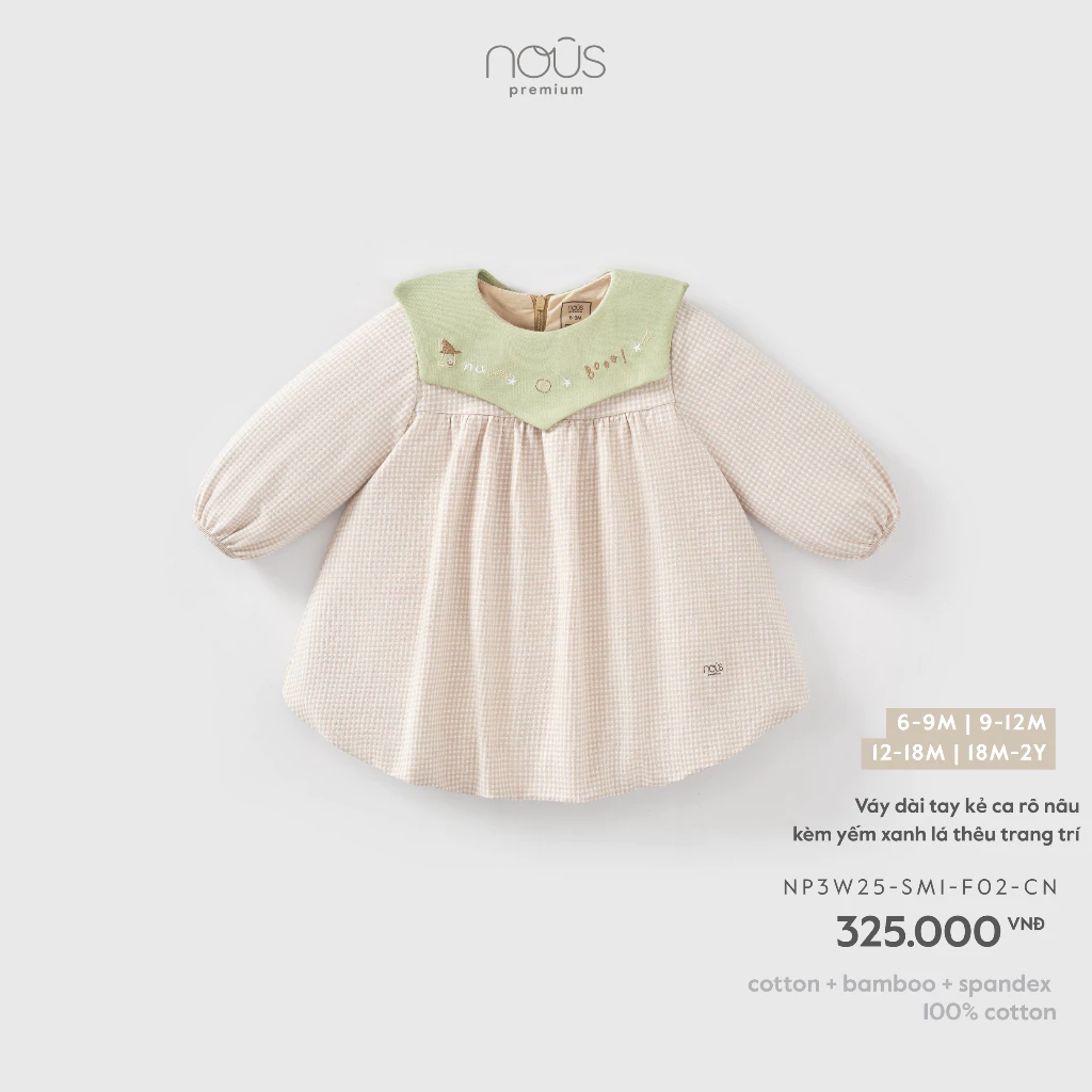 Nous Baby Váy dài tay cho bé gái, đầm babydoll dáng rộng tay bồng kèm yếm cho bé gái từ 7.5-13.5kg BST T8