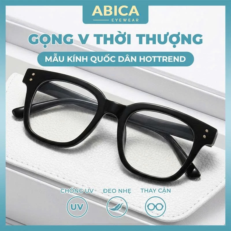 Kính mắt râm mát nữ nam chữ V mắt kính không độ giả cận chống tia UV phong cách Ulzzang thay được tròng cận ABICA 017