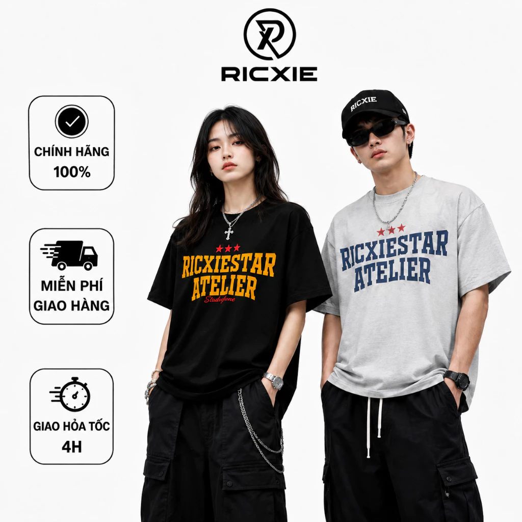 Áo Thun Boxy Form Rộng RICXIESTAR - Áo Thun Nam Nữ Unisex Cổ Tròn Cotton 2 Chiều Thoáng Mát, Mềm Mịn