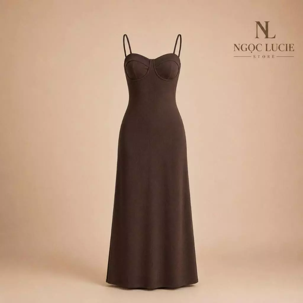 D1108 - Đầm Hai Dây Cúp Ngực Ôm Dáng Dài Xòe Đuôi Cá Vải Gân Sang Trọng Ngọc Lucie