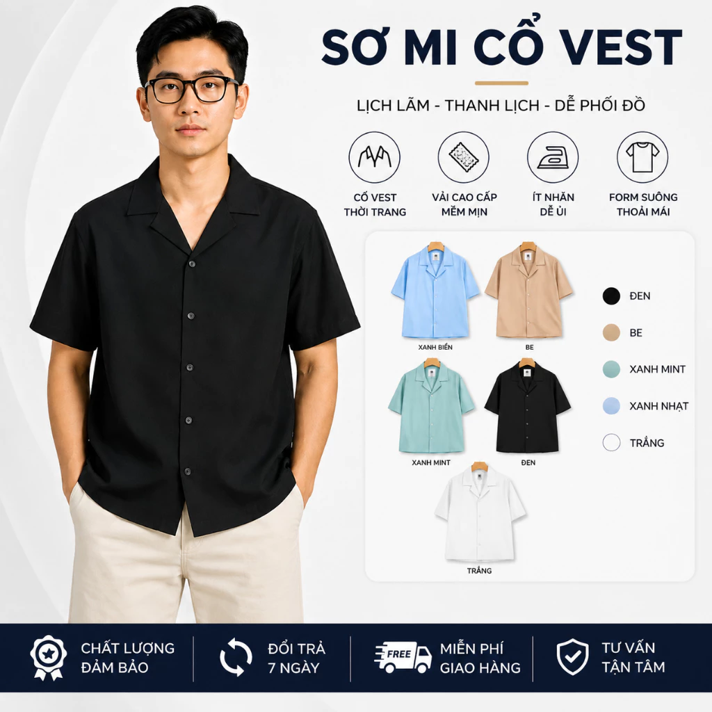 Áo Sơ Mi Nam Cổ Vest Tay Ngắn GENALPHA Vải Lụa Chéo Thái Dày Dặn Co Giãn Mặc Đi Làm Đi Chơi Đẹp