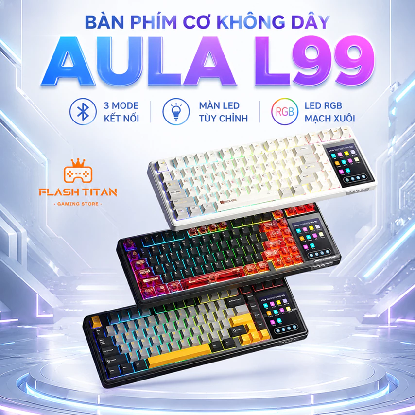 Bàn phím Cơ Không dây AULA L99 - Màn led cảm ứng IPS - 3 mode kết nối, LED RGB - Bảo hành 12 tháng