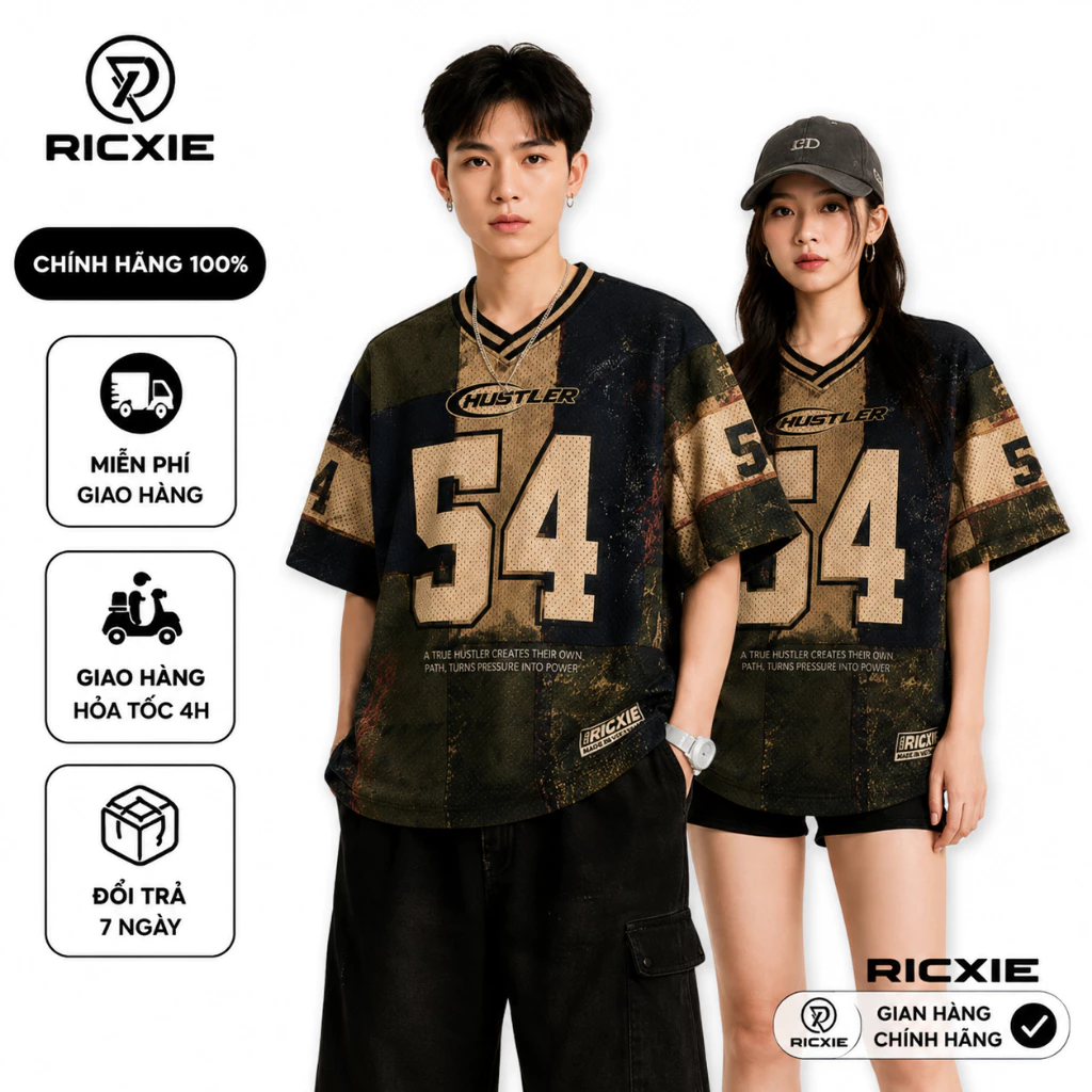 Áo Thun Oversize Ricxie Unisex Retro Số 54 Form Rộng Jersey Streetwear Nam Nữ