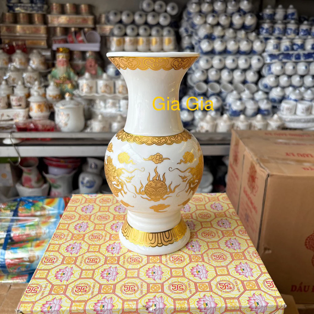 Bình cắm hoa sứ trắng rồng vàng cao cấp/Lọ hoa thờ cúng - Nhang đèn Nga Nguyễn