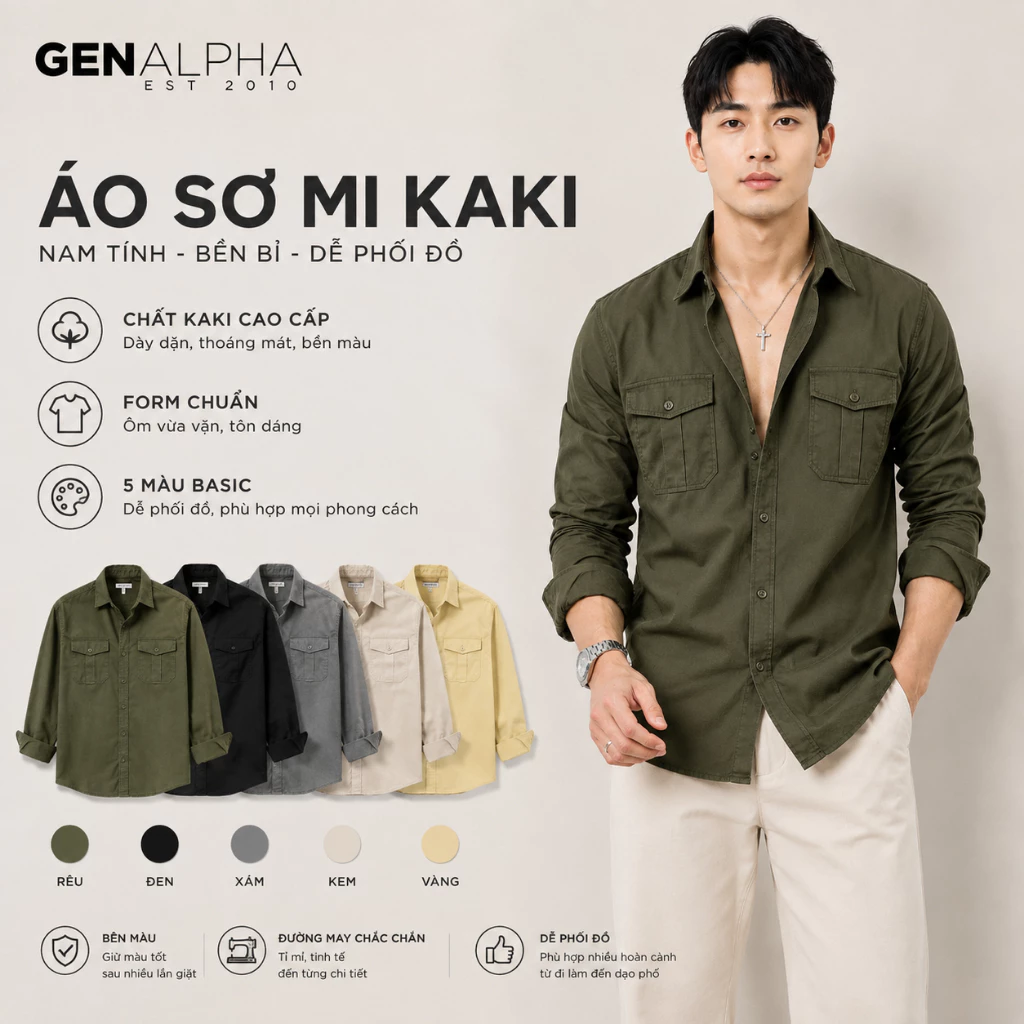 Áo Sơ Mi Nam Tay Dài Kaki GEN ALPHA Form Slimfit 2 Túi Ngực Dày Dặn Thoáng Mát GEN095