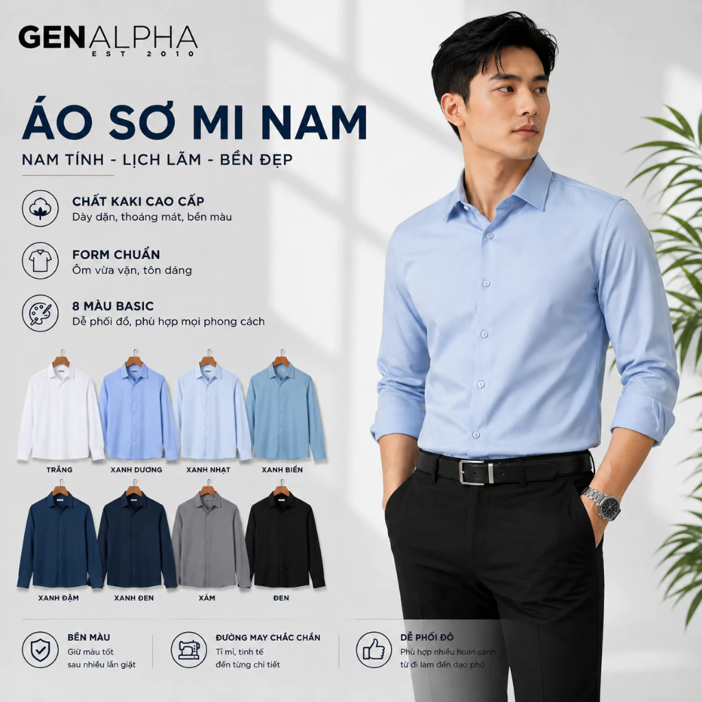 Áo Sơ Mi Nam Dài Tay GEN ALPHA Vải Kate Lụa Cao Cấp Chống Nhăn Form Slimfit Công Sở Thanh Lịch