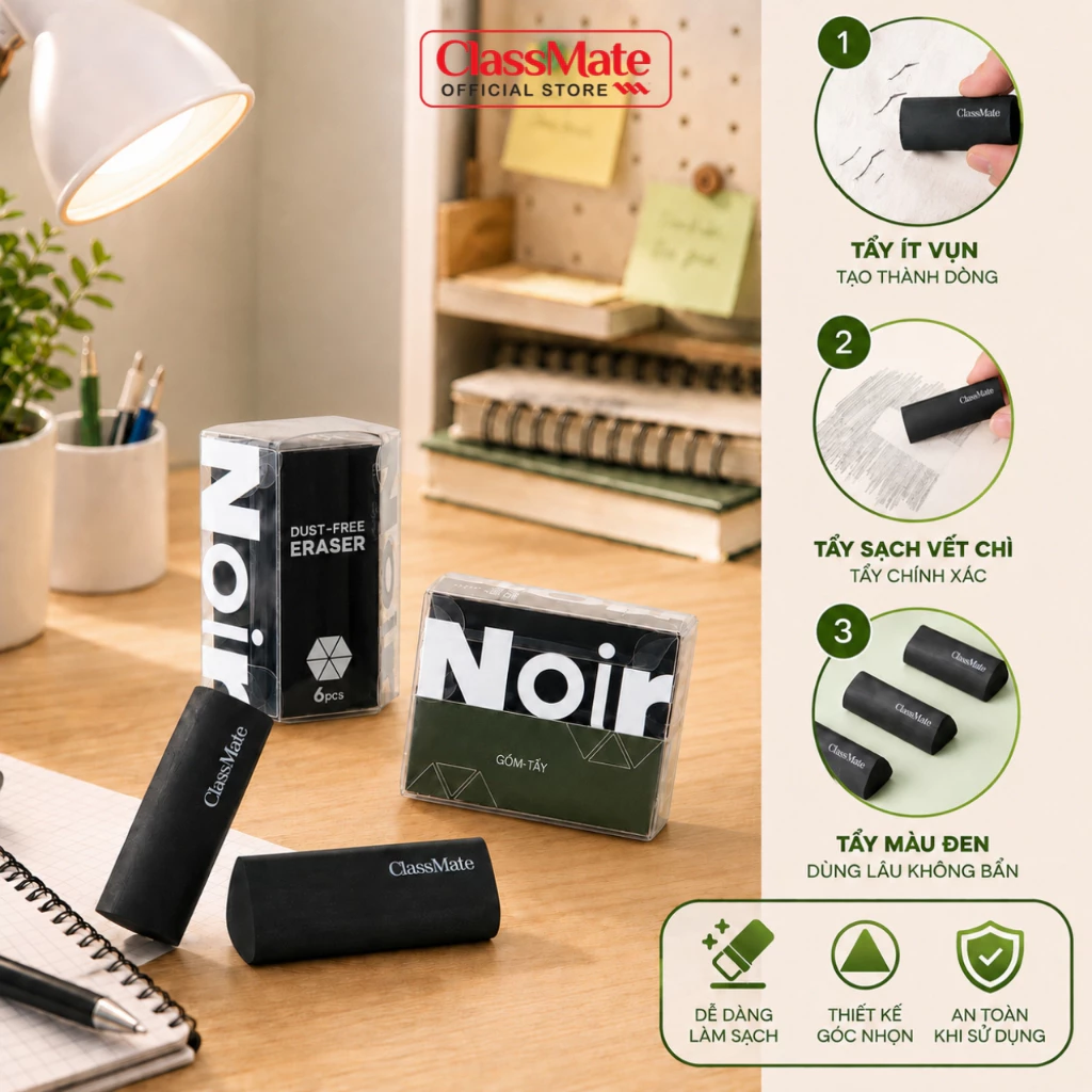 Hộp 6 Gôm Tẩy Đen NoiR CLASSMATE Tẩy Sạch Vết Chì, Tẩy Ít Vụn Tạo Thành Dòng, Tẩy Tam Giác Đàn Hồi Không Rách Giấy ER611