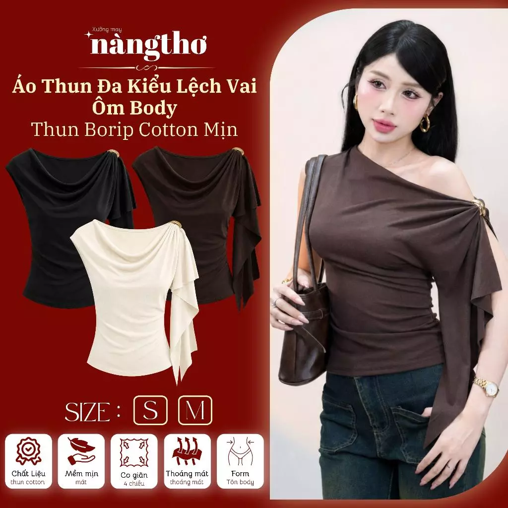 413 [HÀNG MỚI VỀ] Áo Vai Ngang Lệch Vai Ôm Body - Thun Borip Cotton Mịn Y2K