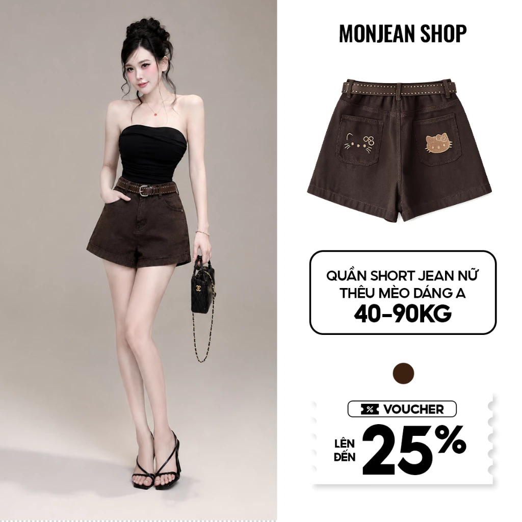 Quần Short jean Nữ Bigsize Thêu Mèo, Quần đùi jean chữ A Dễ Thương, Tôn Dáng, Cá Tính MS1326