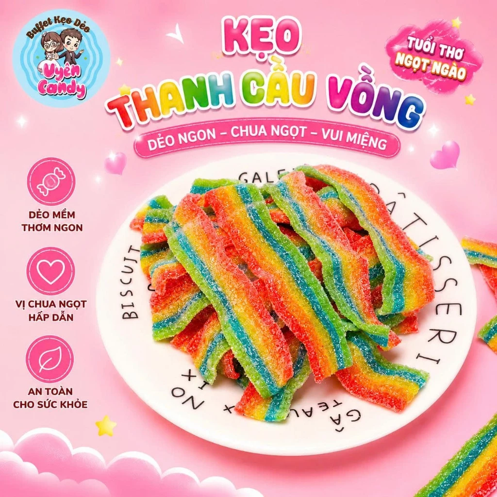 Kẹo Thanh Cầu Vồng Phủ Đường Chua Ngọt, Dẻo Mềm, Nhiều Màu Vị Trái Cây Thơm Ngon