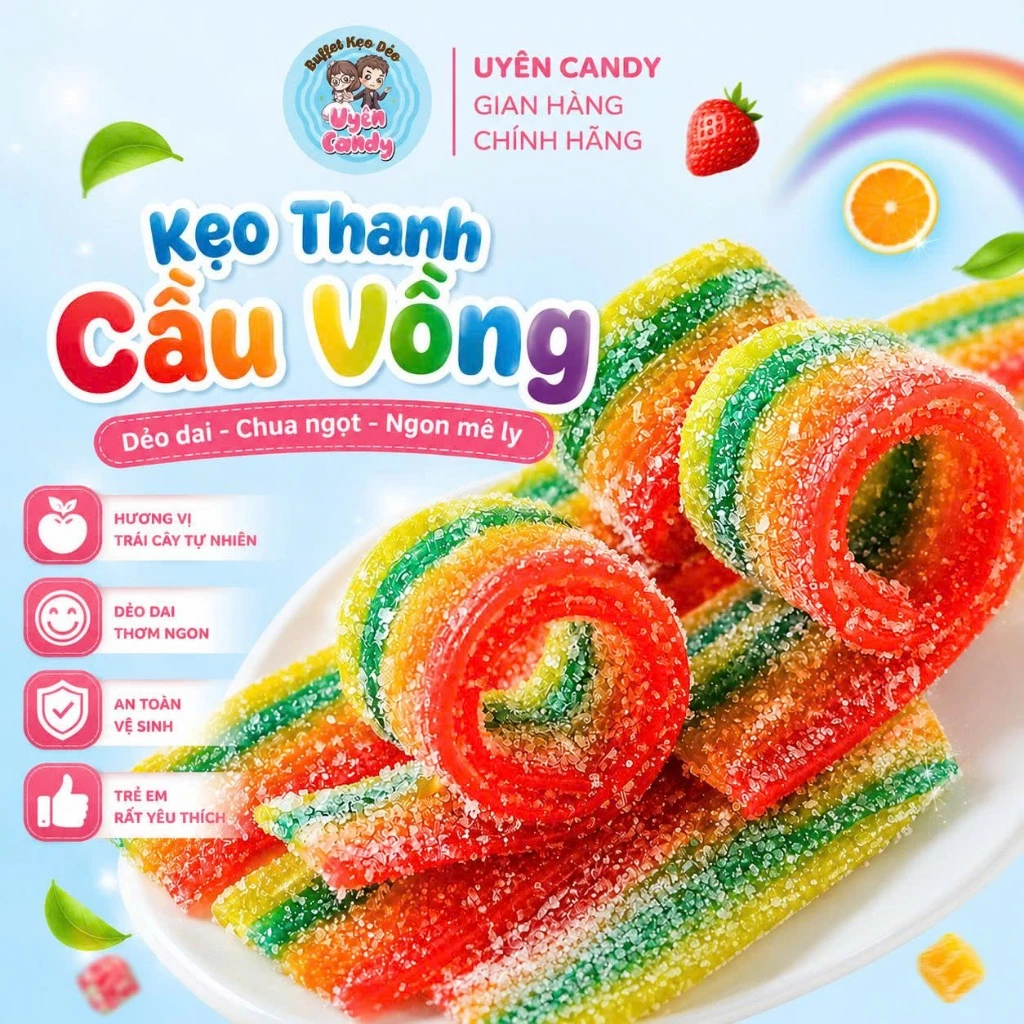 [Uyên Candy] Kẹo Thanh Cầu Vồng Chua Ngọt, Dẻo Mềm, Phủ Đường Chua Đậm Vị Trái Cây Thơm Ngon