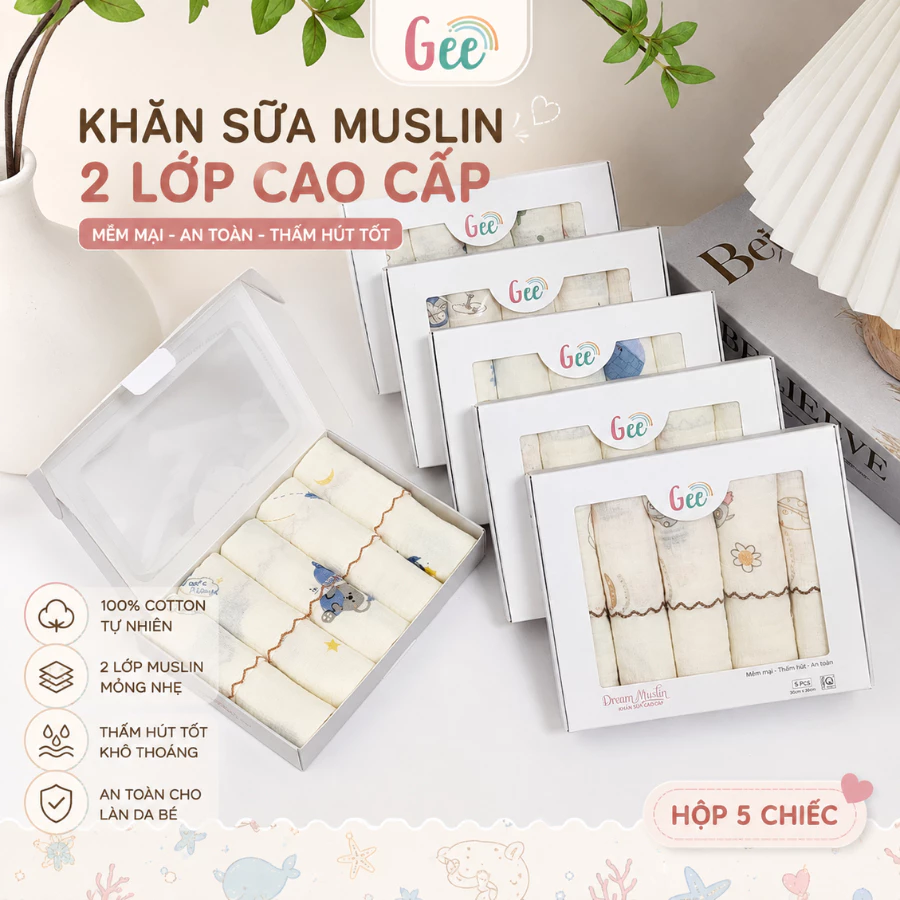 Set 5 khăn sữa Gee Muslin 2 lớp, khăn sữa sơ sinh mềm mịn, thấm hút không bụi vải kích thước 30*30cm