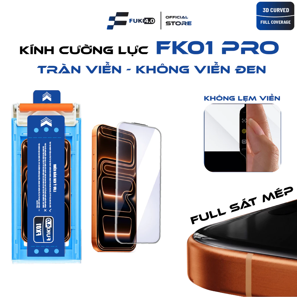 Kính cường lực iphone FUKI40 FK01 PRO cho ip 17 Promax 17 Pro 16 Pro Max 16 Pro 15 PRM full màn không lẹm viền 3D Curved