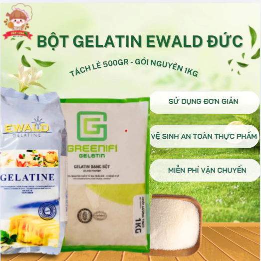 Bột gelatin 250 bloom Ewald Đức/ Greenifi Gói Nguyên 1KG – Làm chè khúc bạch, panna cotta, kẹo dẻo