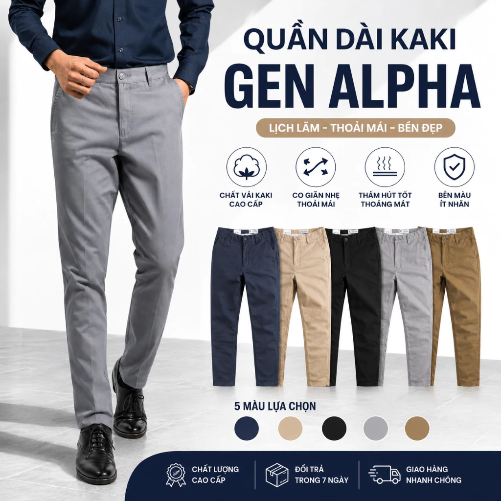 Quần Dài Kaki Nam GEN ALPHA Cao Cấp Dáng Suông Co Giãn Chất Dày Dặn Đứng Form Chuẩn Tem Mạc - GEN911