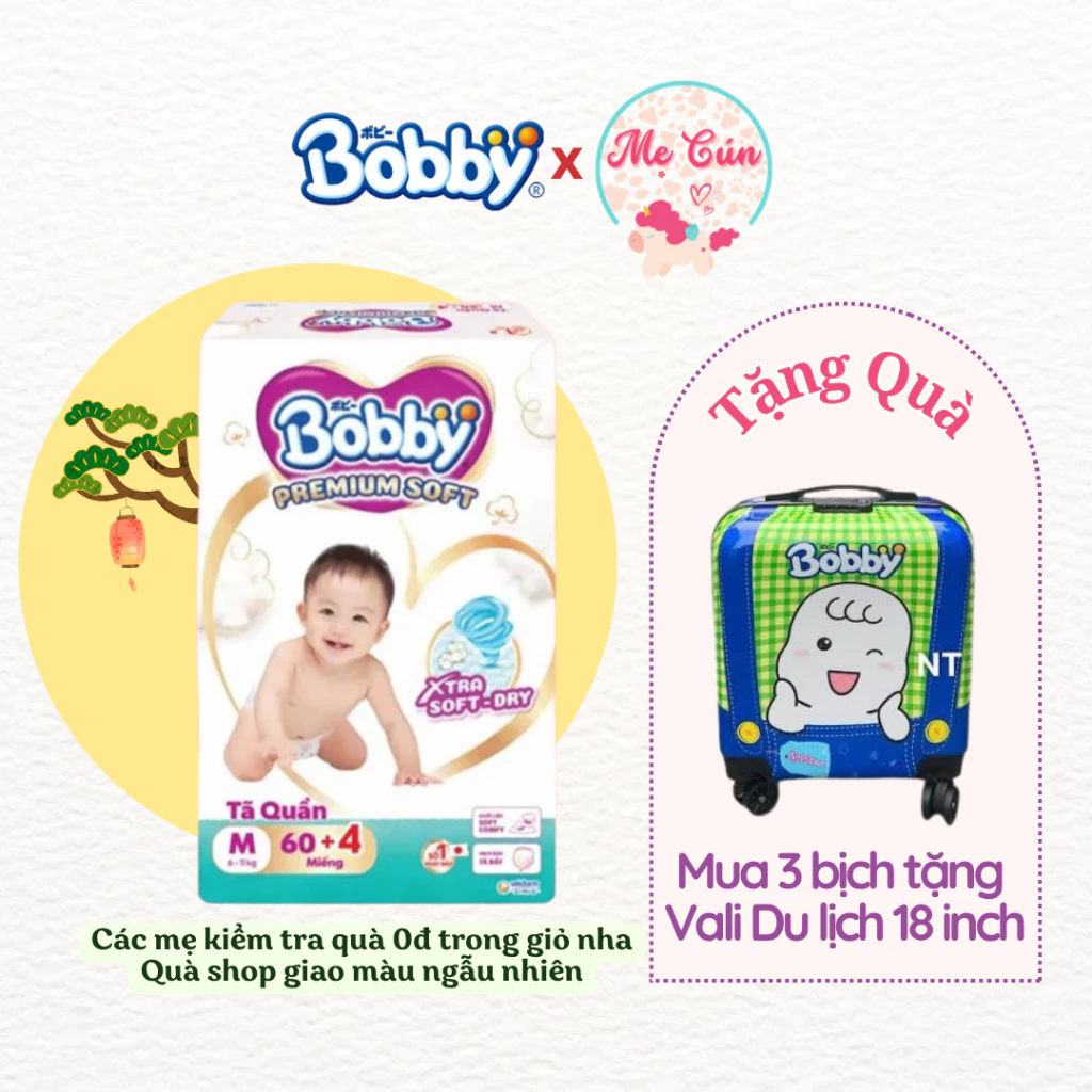 Tã quần cao cấp Bobby Premium Soft M60+4 Mềm mại, thấm hút tốt, không vón cục