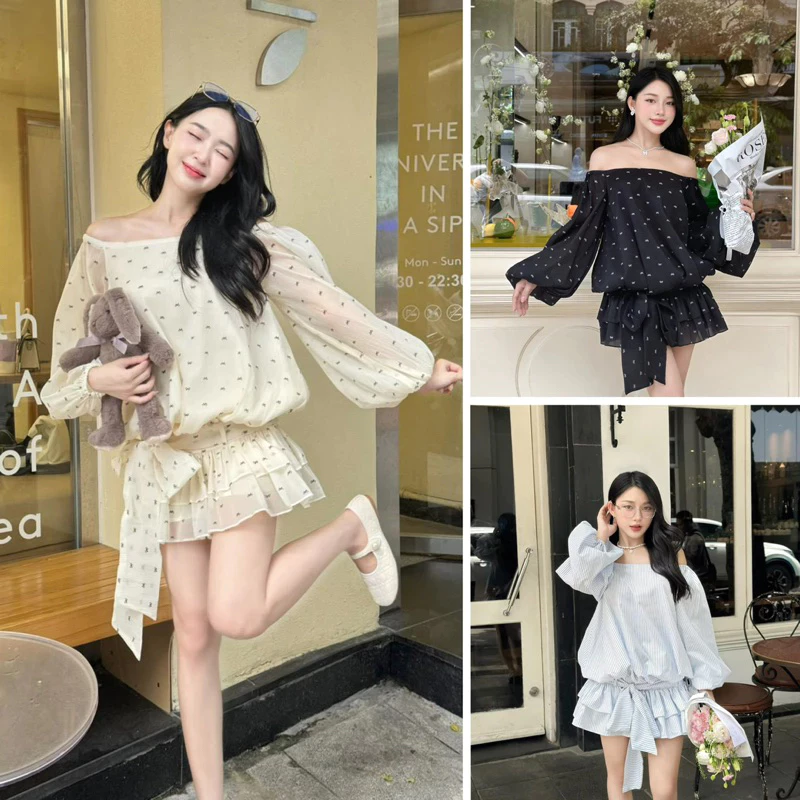 Váy trễ vai dáng bí dài tay, váy jum tay bồng dài bo chun hông, Đầm thiết kế dự tiệc dây nơ eo