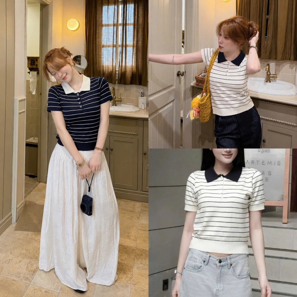 Áo len cộc tay cổ polo kẻ ngang chất len dệt kim mềm mịn SUMIISHOP mã AL202