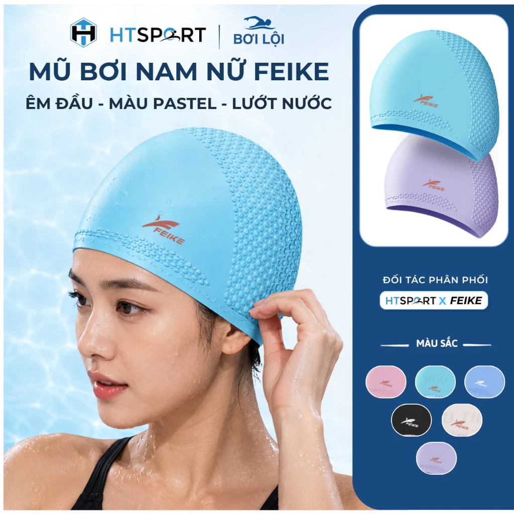 Mũ Bơi Nam Nữ Feike Hình Giọt Nước, Nón Bơi Người Lớn Trùm Đầu Chất Liệu Silicon Cao Cấp Chống Nước