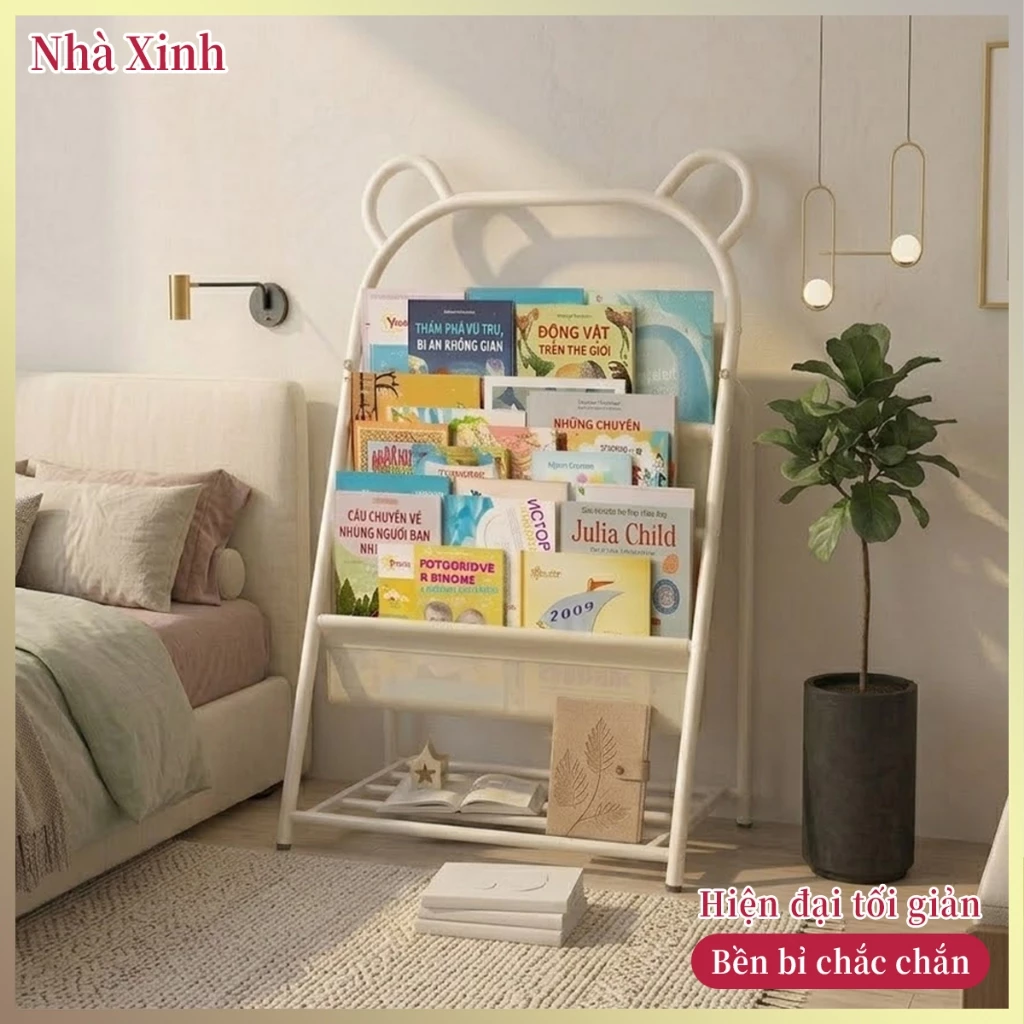 Kệ Sách Cho Bé 4 Tầng Tai Gấu Khung Thép Cao Cấp Vải Bọc Tháo Giặt Để Đồ Chơi Phong Cách Hàn Quốc Hot Trend