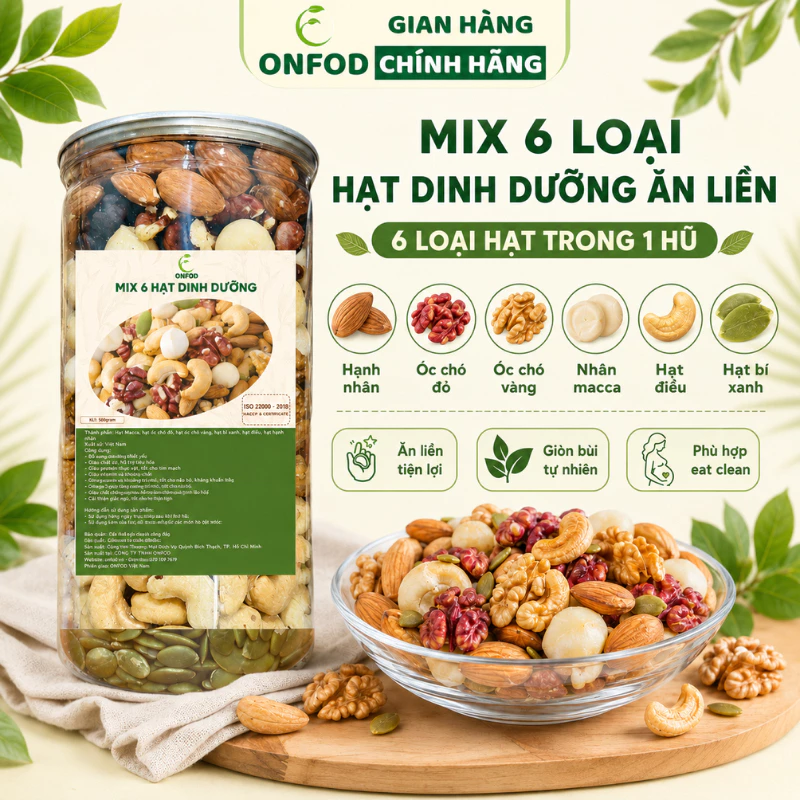 Hạt dinh dưỡng sấy chín ăn liền mix 6 loại ONFOD óc chó đỏ hạt điều macca hạnh nhân bí