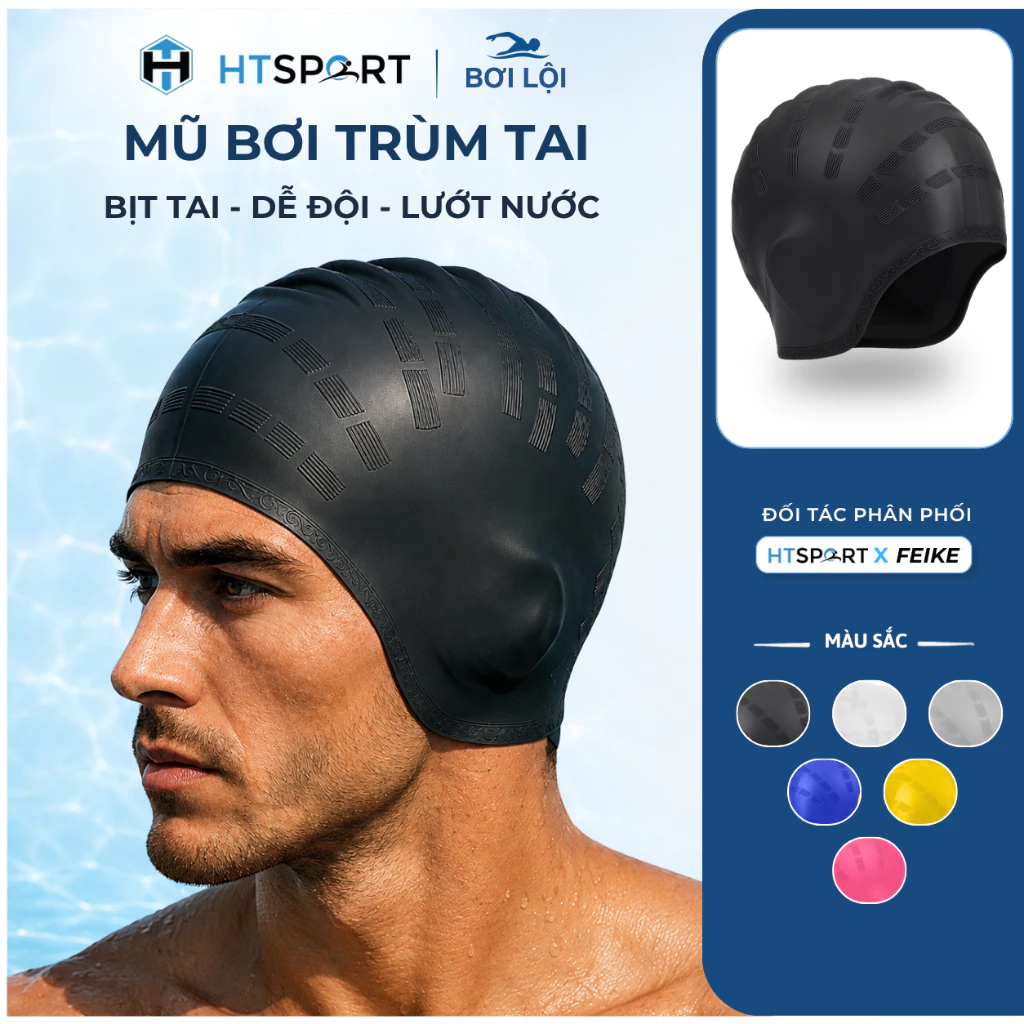 Mũ Bơi Trùm Tai Feike, Nón Bơi Nam Nữ Người Lớn Silicon Chống Thấm Nước, Bảo Vệ Tóc Tai Khi Bơi Lội