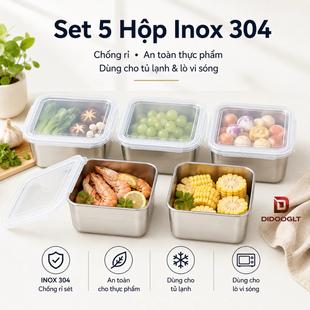 Set 5 hộp inox chống rỉ 304 kèm nắp bảo quản thực phẩm tủ lạnh sử dụng được cho lò vi sóng Didooglt