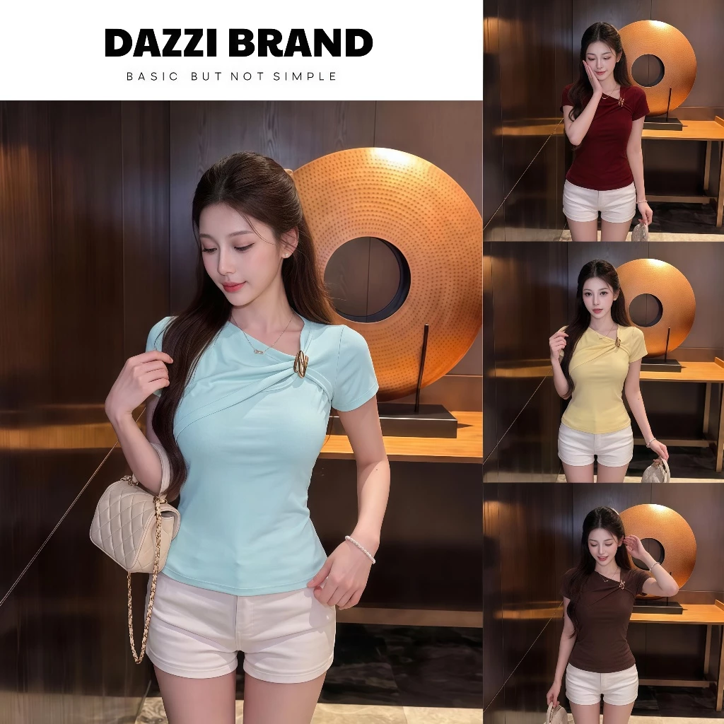 [SIZE TỪ S->XL] Áo thun nữ tay ngắn phối khuyên vàng mặc được 2 kiểu chất cotton DAZZI B06