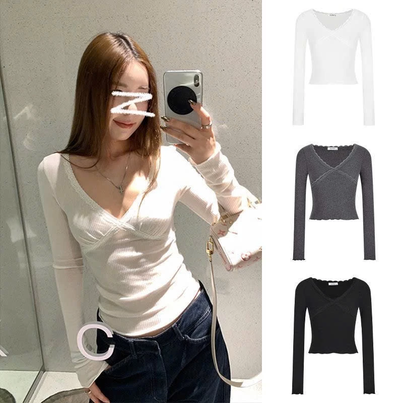Áo dài tay thun tăm co giãn cổ V viền ren dáng ôm màu cơ bản đen trăng ghi xám ATDT096 - TikTik