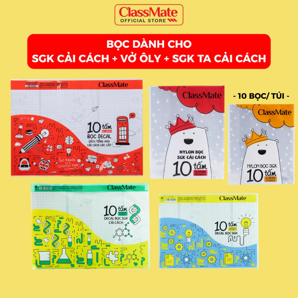 Decal Bọc Sách Giáo Khoa Cải Cách CLASSMATE Chất Liệu Nhựa Trong Dẻo Bền Chống Thấm Bọc Vở Ôly, SGK Tiếng Anh, Bọc Nylon