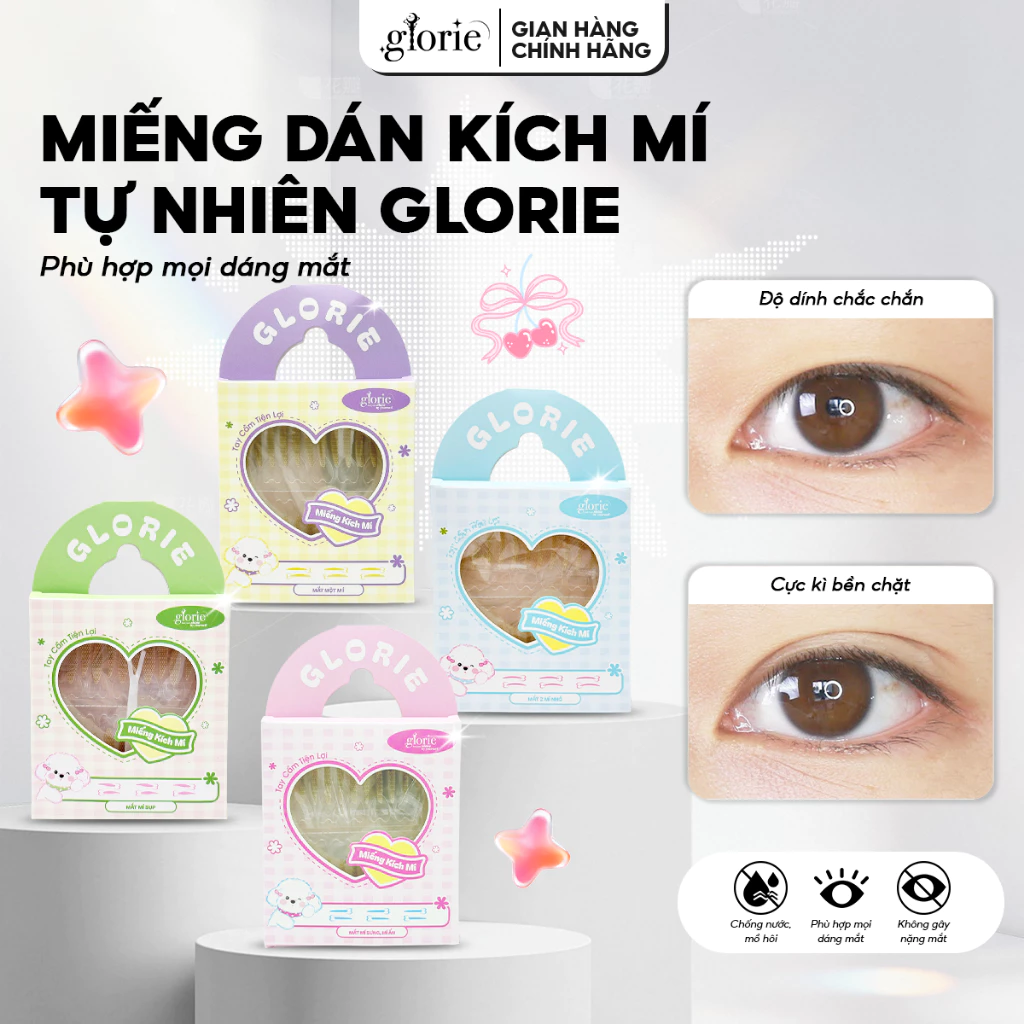 [COMBO MIX 4 LOẠI] Miếng Dán Kích Mí Tự Nhiên Glorie, Không Lộ Keo, Phù Hợp Mọi Dáng Mắt, Có Tay Cầm Tiện Lợi