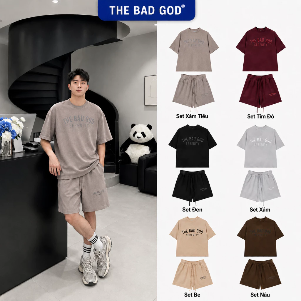 Set Đồ Streetwear Unisex The Bad God Serenity Bold Áo Phông Oversize Quần Short Thể Thao