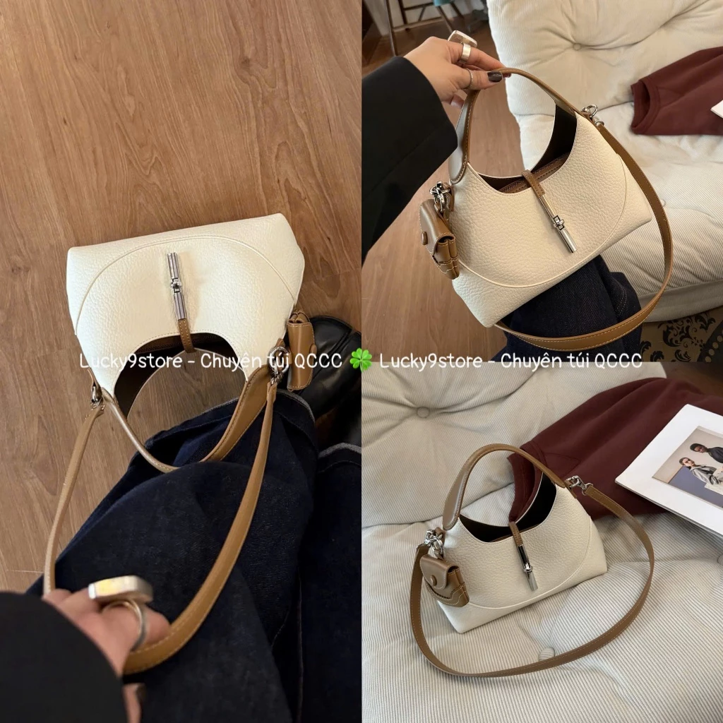 Túi nữ Túi Hobo nữ phối màu da hạt kèm ví mini có dây đeo chéo phong cách Hàn Quốc K0625#