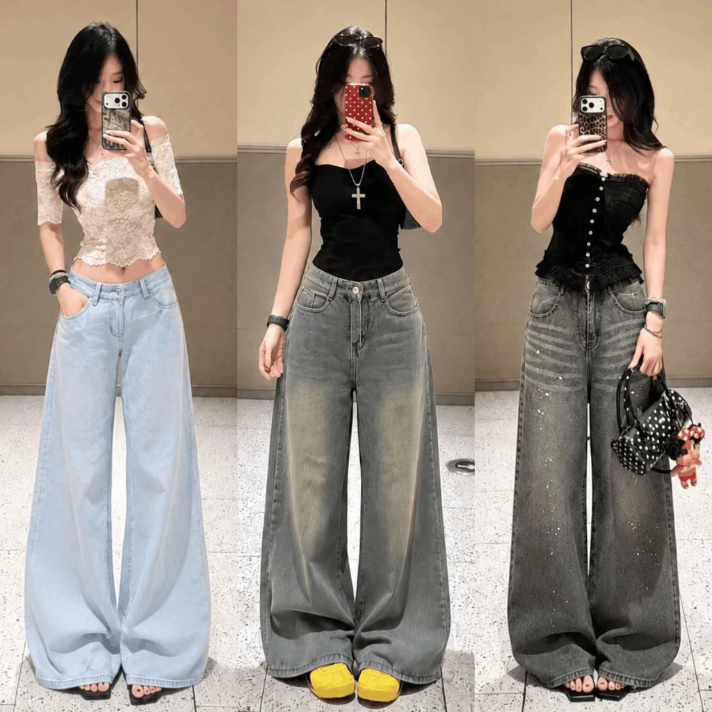 Quần Jean Suông Ống Rộng 30-33cm Lưng Cao Dáng Dài Quần Bò Jean Denim Mềm Xanh Xám Ôm Eo Tôn Dáng BEU