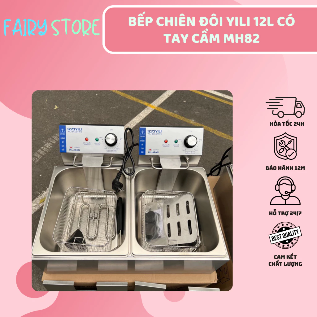 Bếp Chiên Đôi Yili 12L Dày Có Tay Cầm MH82 INOX Cao Cấp - Chiên Ngập Dầu Giòn Rụm, Tiết Kiệm Điện