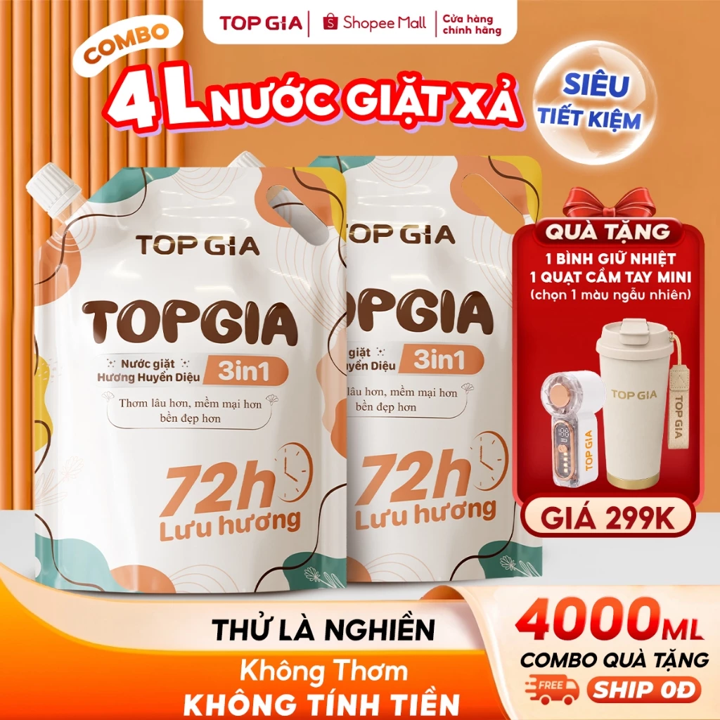 [TẶNG QUẠT VÀ BÌNH] Combo 4L,2L Nước Giặt Xả TopGia 3in1 Hương Huyền Diệu, Lưu Hương Thơm Lâu 72H