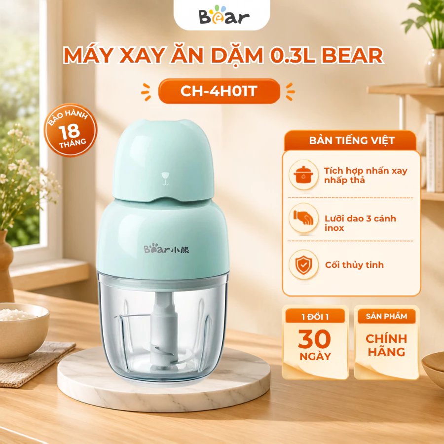 Máy Xay Ăn Dặm Cho Bé 0.3L Bear CH-4H01T, Cs 120W, 3 Lưỡi Dao Inox,Cối Thuỷ Tinh,Xay Đa Năng, BH 18T