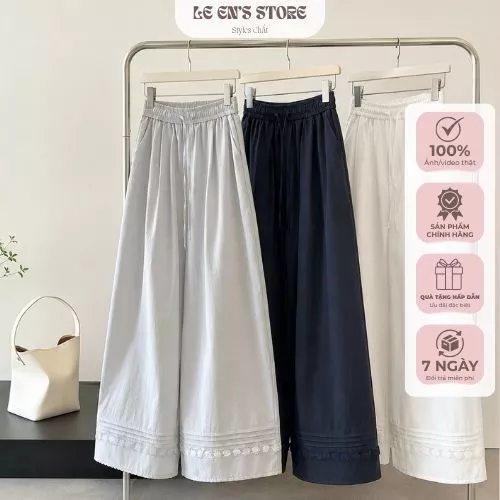 Quần ống suông nữ, quần ống rộng nữ siêu tôn dáng mix viền phối ren chất kaki lạnh loại I - Q126