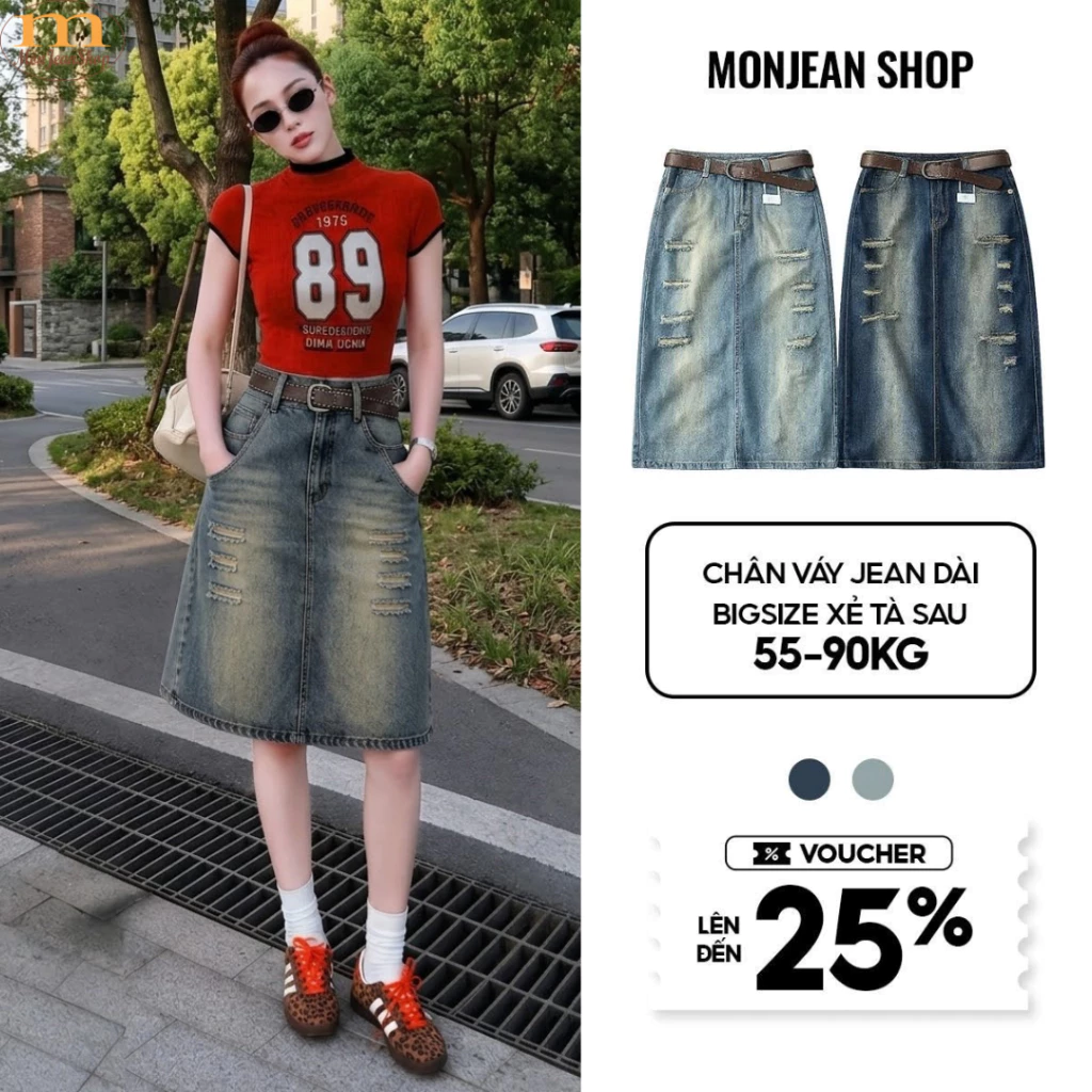 Chân Váy Jean Nữ Dáng Dài Bigsize Xẻ Tà Sau Váy Bò Cạp CaoTôn Dáng, Thanh Lịch MS435