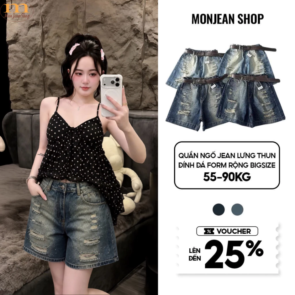 Quần short jean nữ dáng lửng thun đính đá form rộng, quần đùi ngố nữ rách dễ phối đồ 55-90kg Ms69