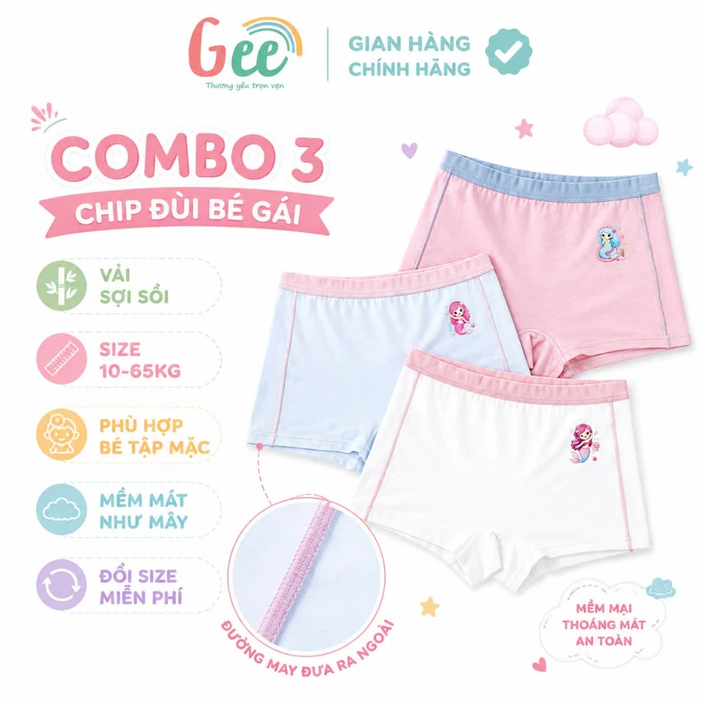 Set 3 quần chip bé gái Gee sợi sồi TIÊN CÁ dễ thương, phù hợp bé tập mặc 10-65kg, mềm mát, dễ chịu