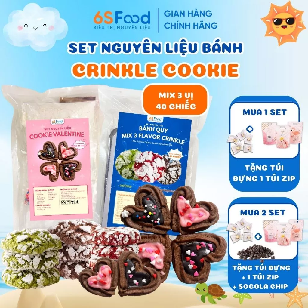 Set nguyên liệu bánh quy Cookie Crinkle mix 3 vị thành phẩm 40c Red Velvet, Cacao, Matcha - 6SFOOD
