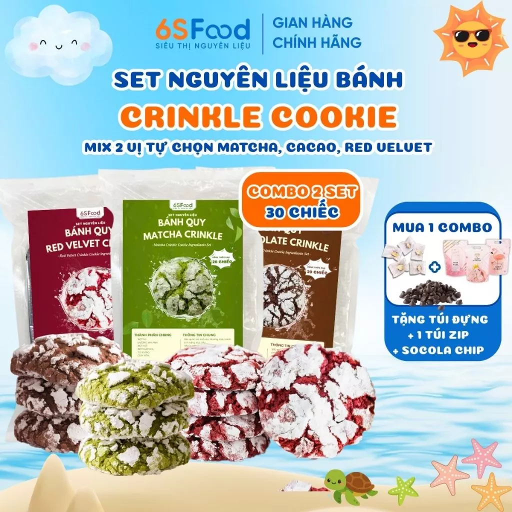 Combo 2 Set Nguyên Liệu Bánh Crinkle Cookie Mix Vị tự chọn Cacao, Matcha, Red velvet- 6SFOOD