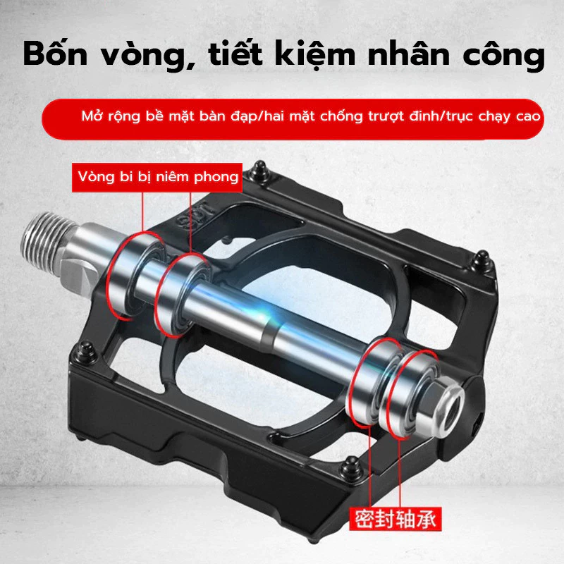 Bàn đạp xe đạp leo núi 4 bạc đạn, trục bôi trơn cao, hợp kim nhôm, bề rộng bề mặt tiếp xúc.
