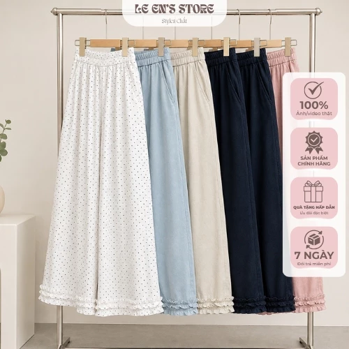Quần ống suông nữ, quần ống rộng nữ chất thô mềm loại xịn lưng chun phối bèo hottend 2026 - Q1