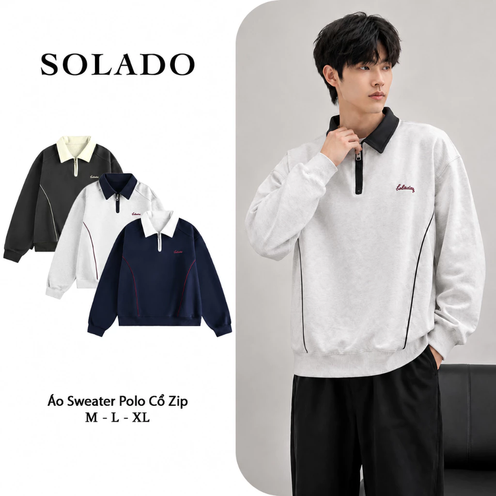 Áo Sweater Cổ Polo SOLADO Nỉ 2 Da Form Rộng Phối Cổ Khóa Kéo Phong Cách Basic APS02
