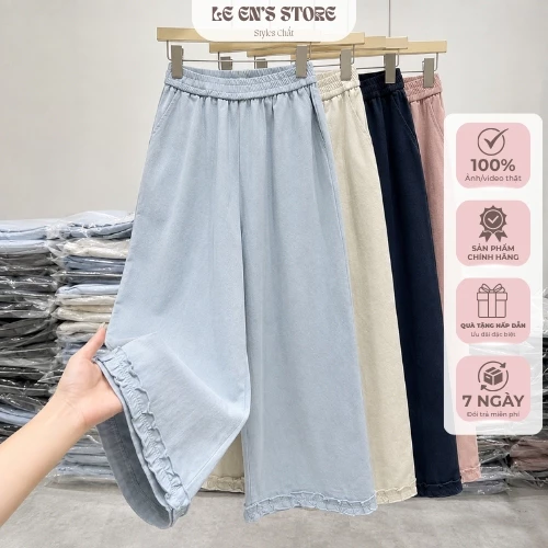 Quần ống rộng nữ, quần dài nữ lưng chun phối lai bèo chất vải thô hàn cao cấp mềm mát, thoải mái - Q1