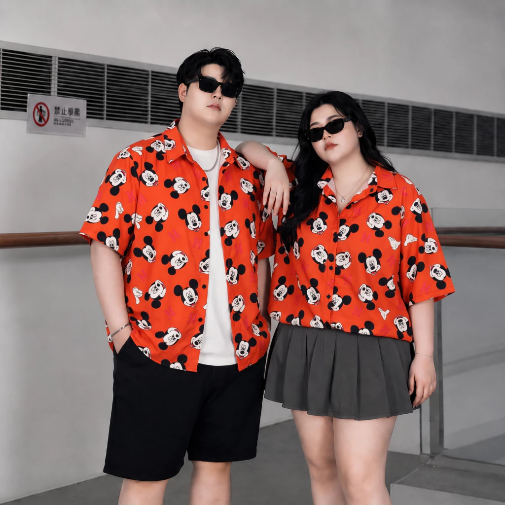 Áo Sơ Mi Hoạt Hình Đồ Đôi Cao Cấp BIGSIZE Unisex 60-100KG | Sơ Mi Form Rộng Nam Nữ Ngoại Cỡ Hàn Quốc